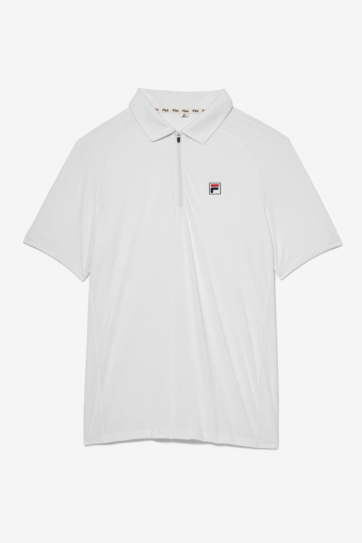 White short sleeve tennis polo with a collar, a zip-up shirt, and a FILA logo on the chest.