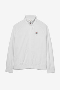 A white FILA tennis court track jacket with a zipper, collar and a small FILA logo on the chest.