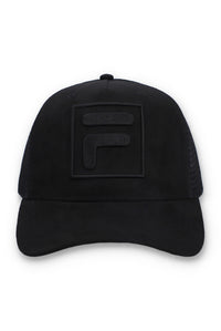 Displays a Black 'FILA' branded Turo Large F-Box Tonal Embroidered Suede Mesh-Back Cap