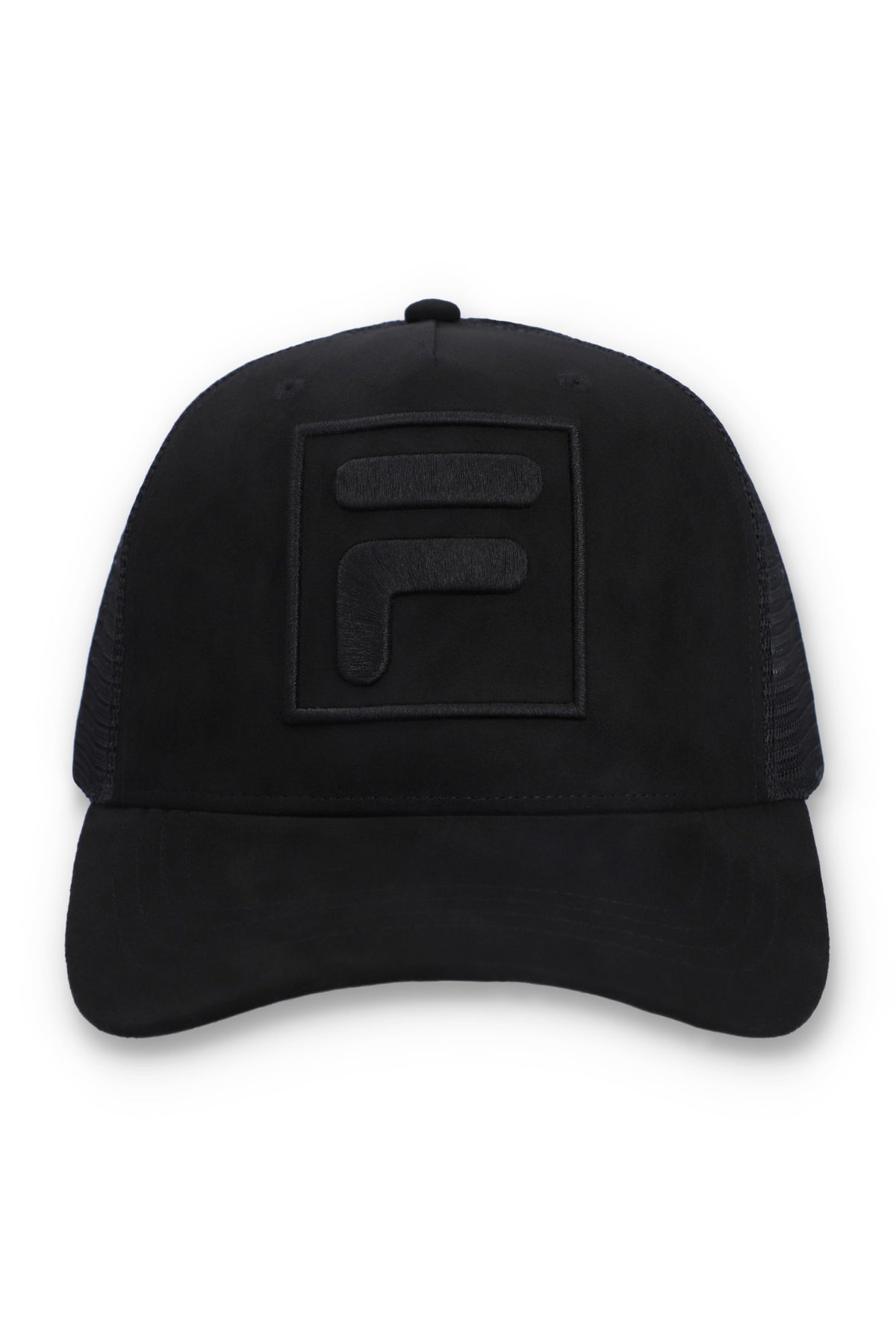 Displays a Black 'FILA' branded Turo Large F-Box Tonal Embroidered Suede Mesh-Back Cap