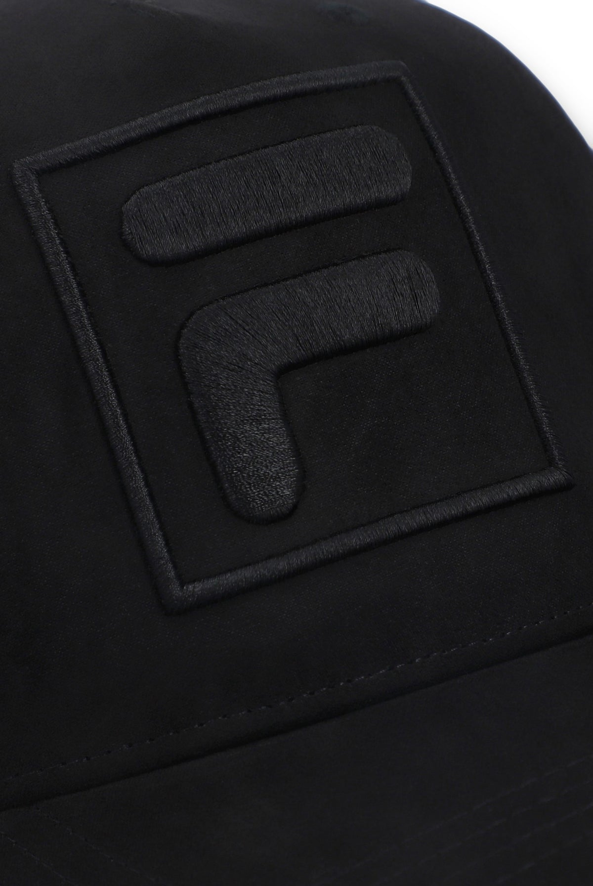 Displays a Black 'FILA' branded Turo Large F-Box Tonal Embroidered Suede Mesh-Back Cap featuring the FILA logo