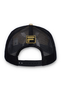 Displays the Classic Beige 'FILA' branded Turo Large F-Box Tonal Embroidered Suede Mesh-Back Cap