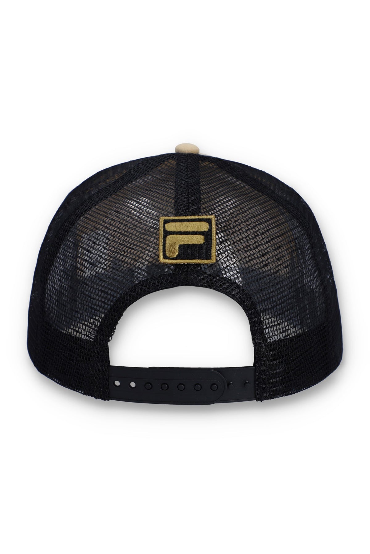 Displays the Classic Beige 'FILA' branded Turo Large F-Box Tonal Embroidered Suede Mesh-Back Cap