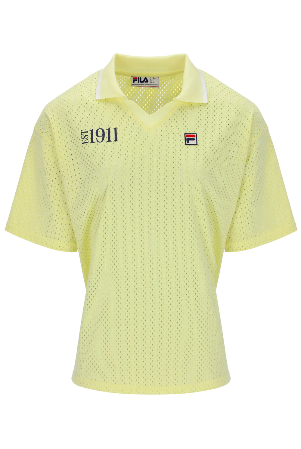 Yellow polo shirt with FILA logo on a white background