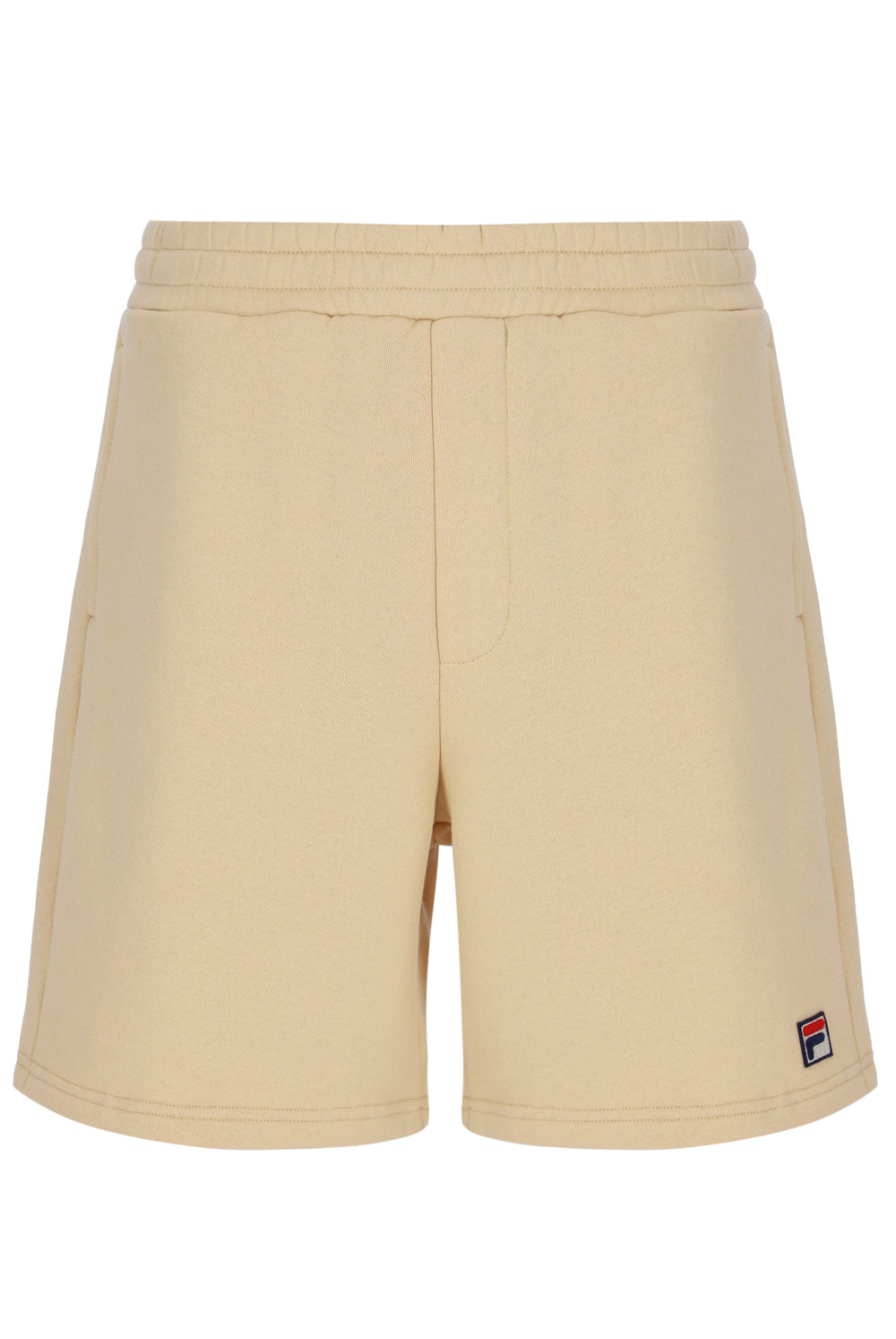 Beige shorts with a small logo on a white background