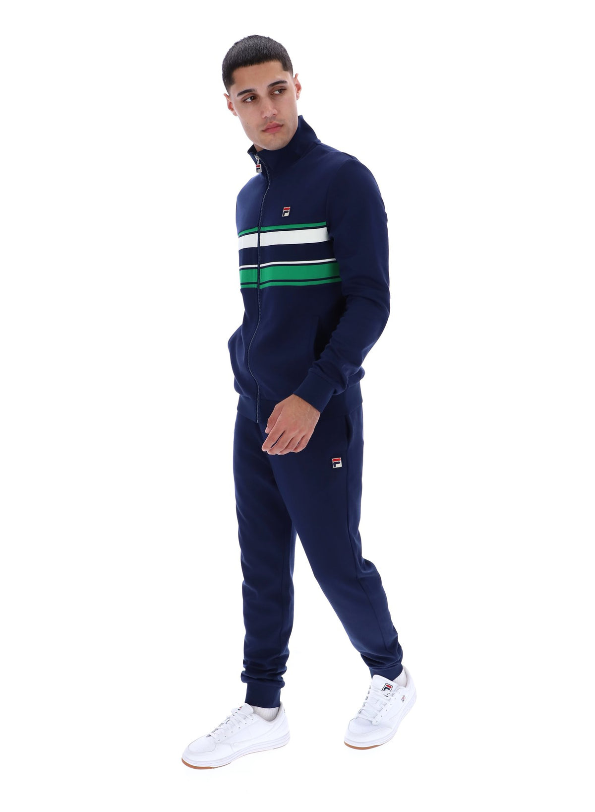 Displays a model wearing the Navy 'FILA' Vinnie Track Top