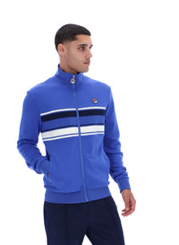 Displays the model wearing the Dazzling Blue 'FILA' branded Vinnie Track Top
