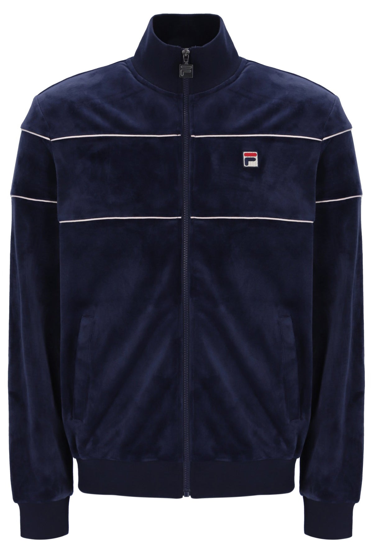 Displays the Navy 'Fila' branded Vittorio Velour Track Top