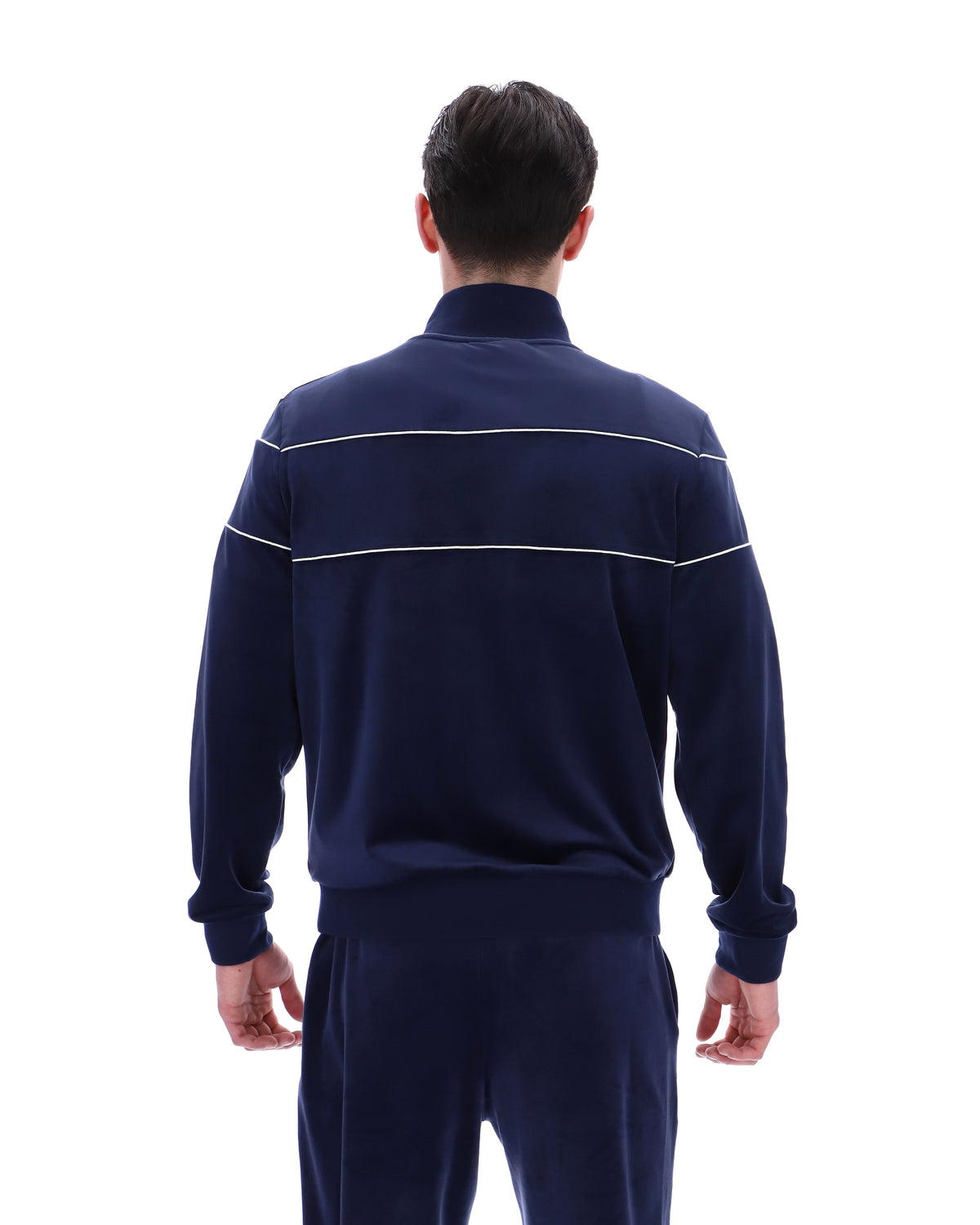 Displays a model wearing the Navy 'Fila' branded Vittorio Velour Track Top