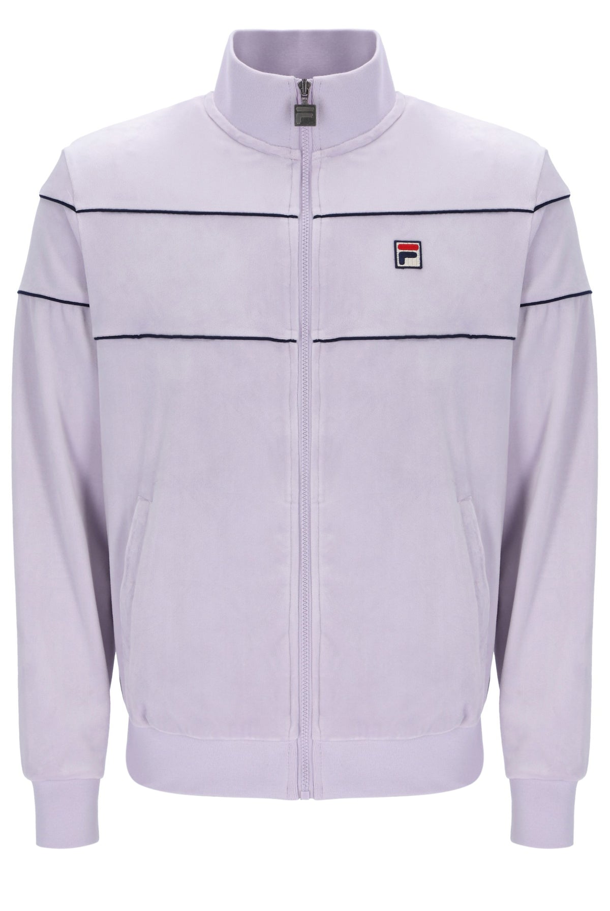 Displays the Misty Lilac 'FILA' branded Vittorio Velour Track Top