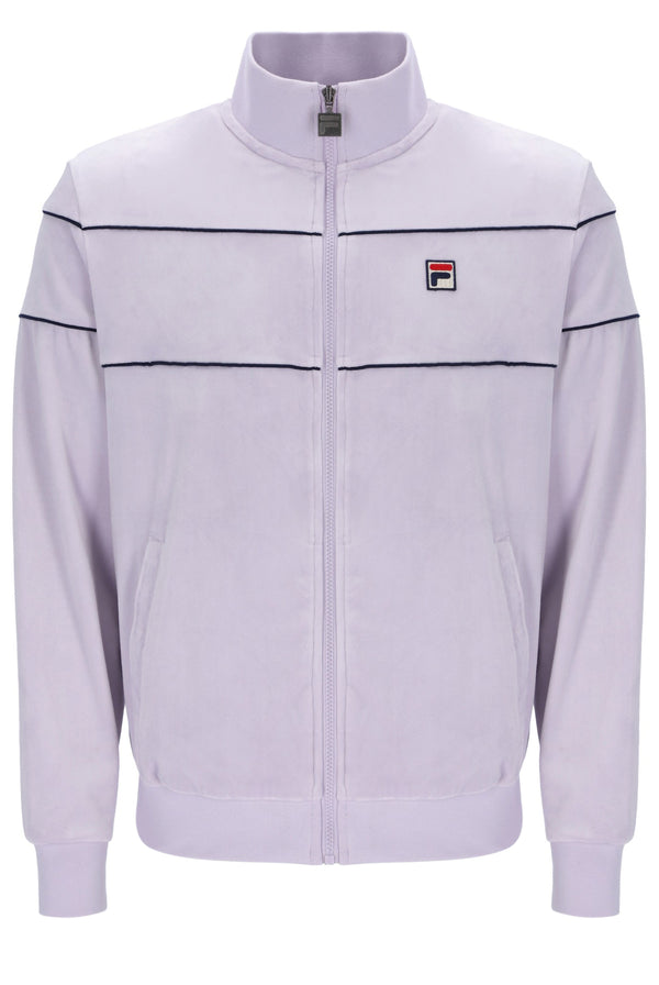 Displays the Misty Lilac 'FILA' branded Vittorio Velour Track Top