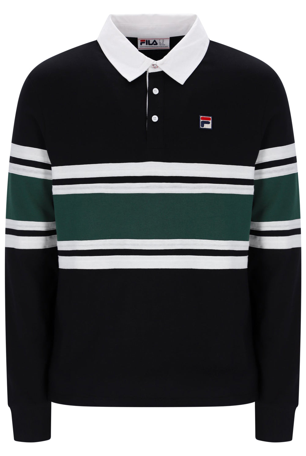 A Fila long-sleeve rugby polo shirt in black, featuring a white collar, white buttons, a green chest stripe, and white and green stripes on the sleeves, with the Fila logo on the left chest.