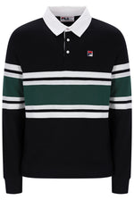 A Fila long-sleeve rugby polo shirt in black, featuring a white collar, white buttons, a green chest stripe, and white and green stripes on the sleeves, with the Fila logo on the left chest.