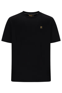 A black short-sleeve crewneck t-shirt with a small gold Fila logo on the left chest, displayed on a clean white background.