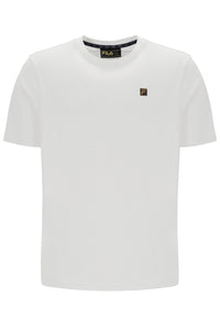 White t-shirt with a small FILA gold logo on a white background