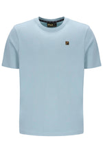 Light blue t-shirt with a brand logo on a white background