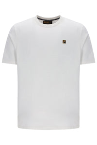 A white short-sleeve crewneck t-shirt by Fila, featuring a small embroidered brand logo on the left chest and a black brand label on the inner collar, displayed on a clean white background.
