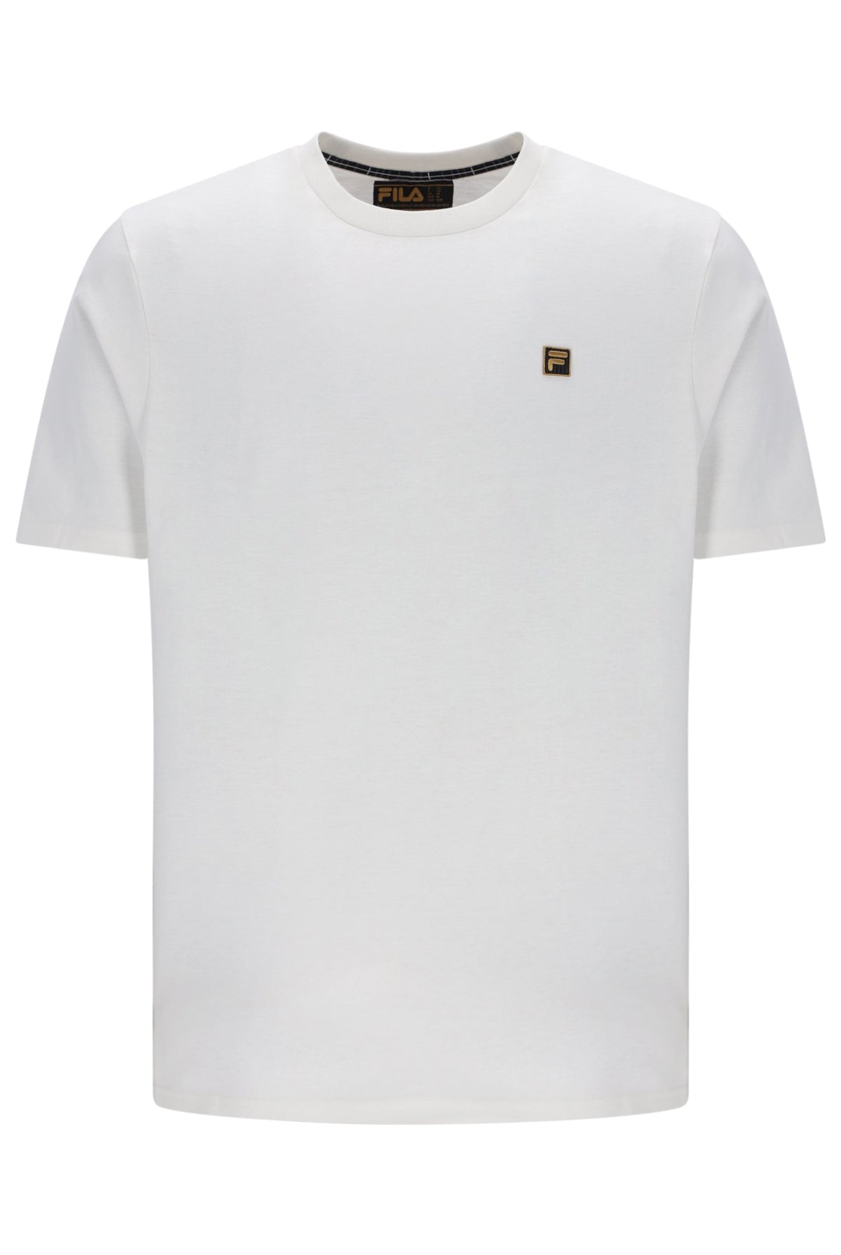 A white short-sleeve crewneck t-shirt by Fila, featuring a small embroidered brand logo on the left chest and a black brand label on the inner collar, displayed on a clean white background.