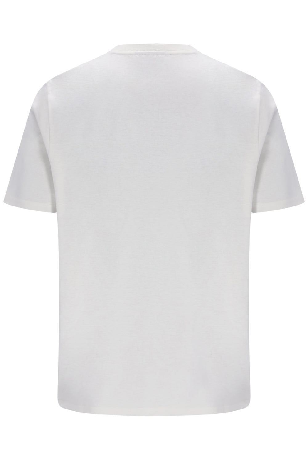 A plain white short-sleeve crewneck t-shirt shown from the back, photographed against a solid white background.