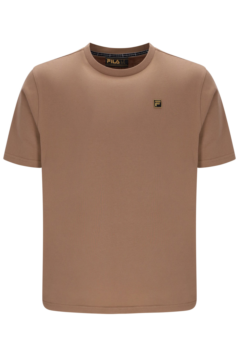 A Fila short-sleeve crewneck t-shirt in a warm taupe-brown color, featuring a small embroidered Fila logo on the left chest and a patterned inner collar.