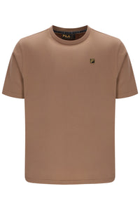 A Fila short-sleeve crewneck t-shirt in a warm taupe-brown color, featuring a small embroidered Fila logo on the left chest and a patterned inner collar.