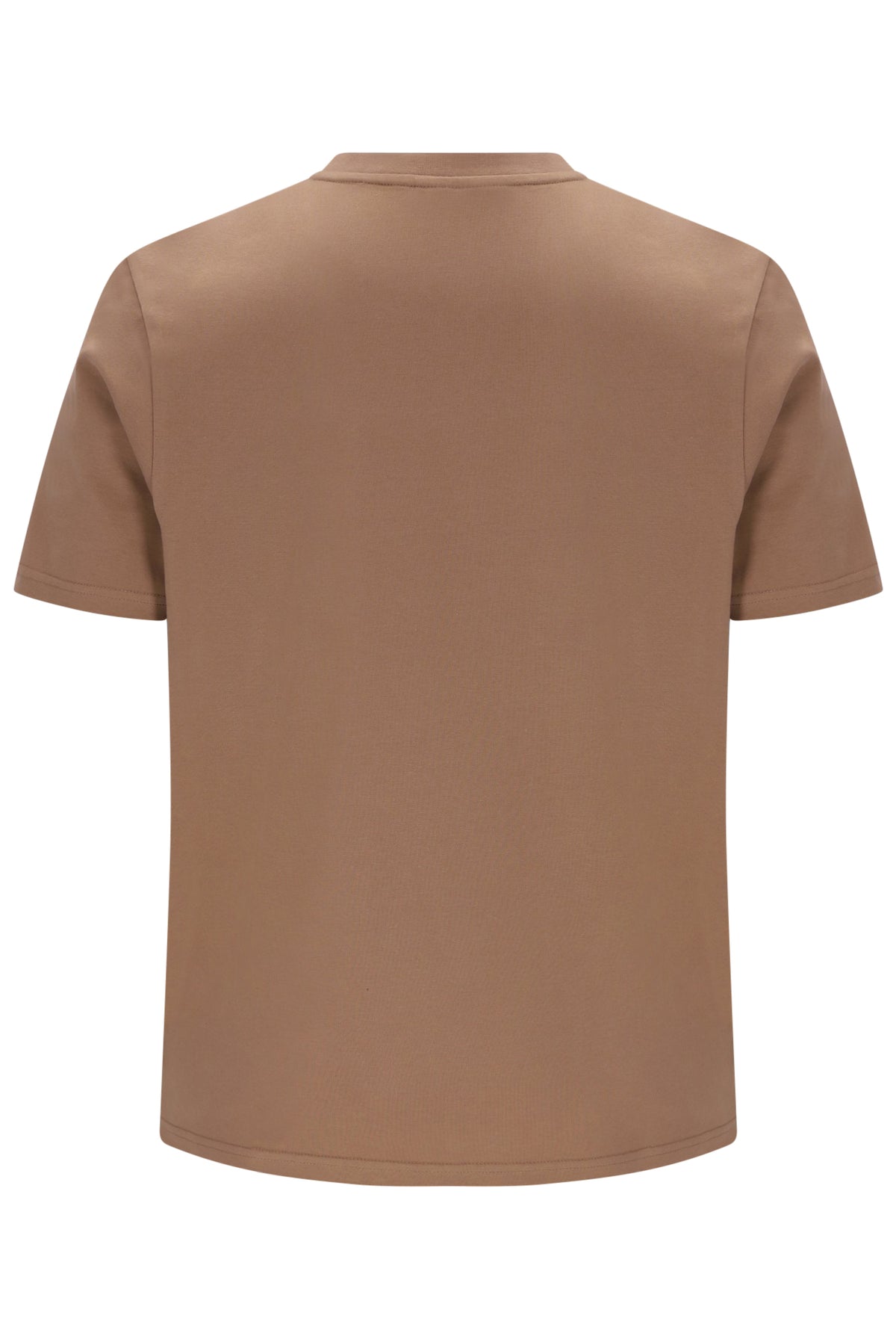 A plain short-sleeve crewneck t-shirt shown from the back, in a solid tan or light brown color, on a clean white background.