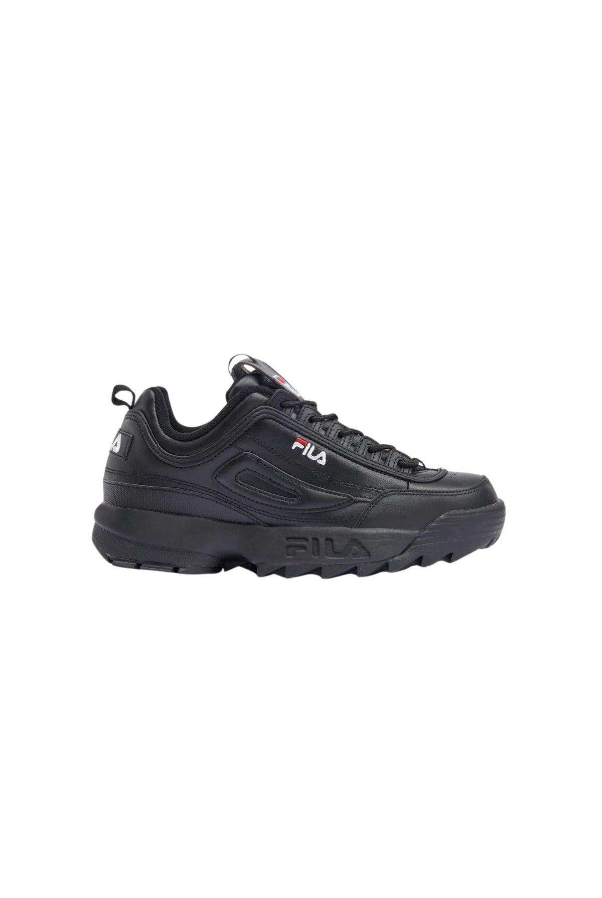 A pair of black Disruptor 2 Premium trainers with FILA branding on the side.