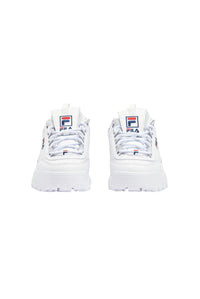 A pair of white Disruptor 2 trainers with embossed logo and unique detailing.