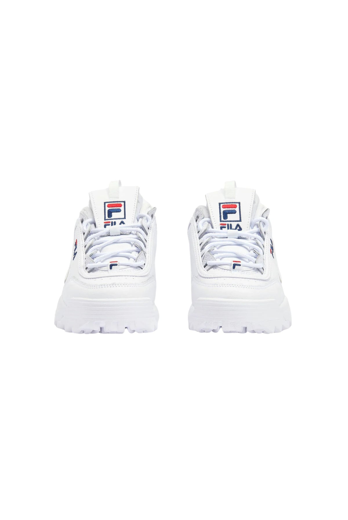 A pair of white Disruptor 2 trainers with embossed logo and unique detailing.