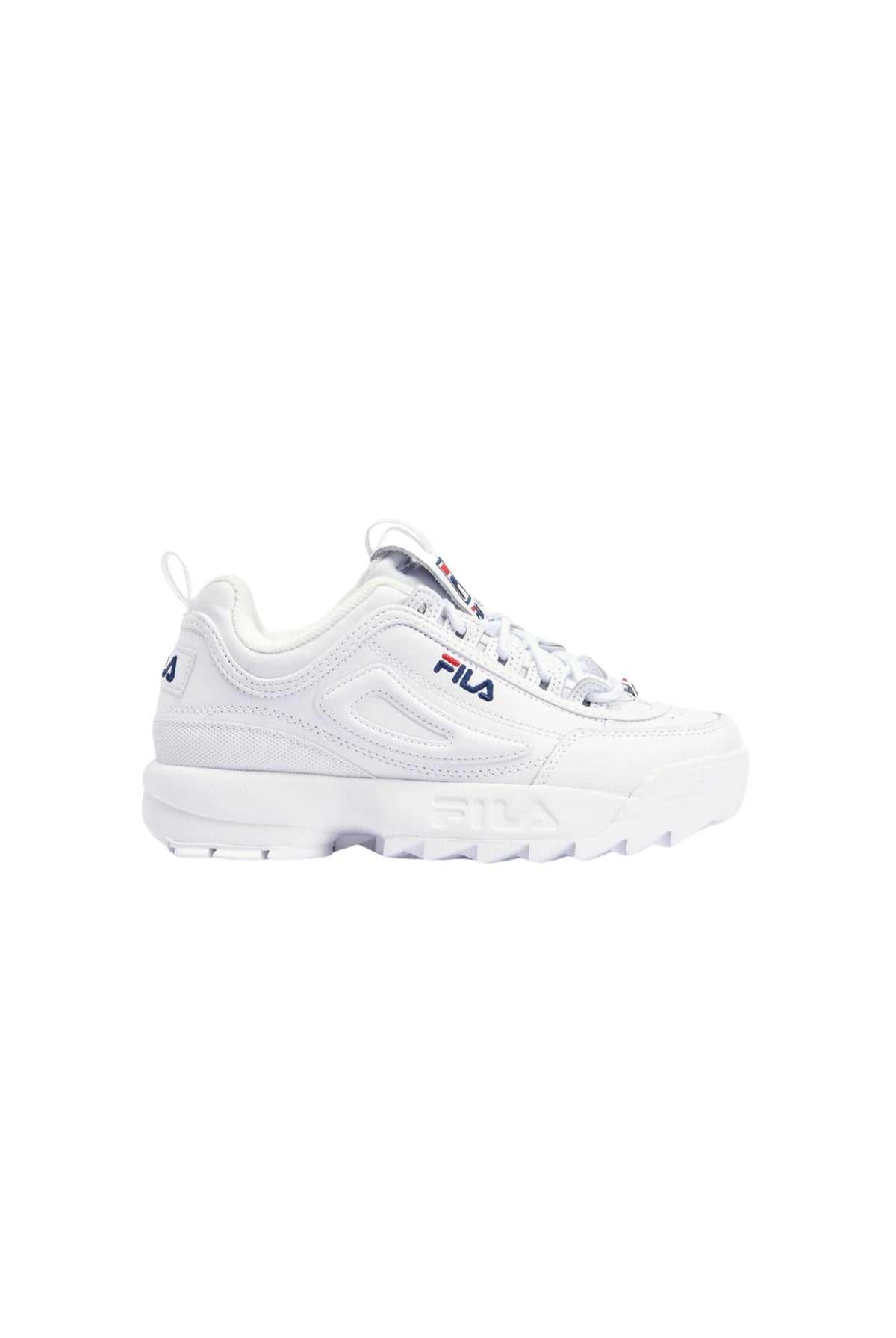 A pair of white Disruptor 2 trainers with embossed logo and unique detailing.