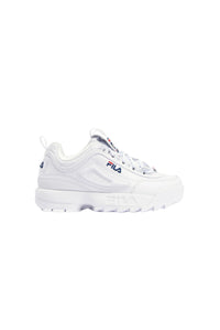 A pair of white Disruptor 2 trainers with embossed logo and unique detailing.