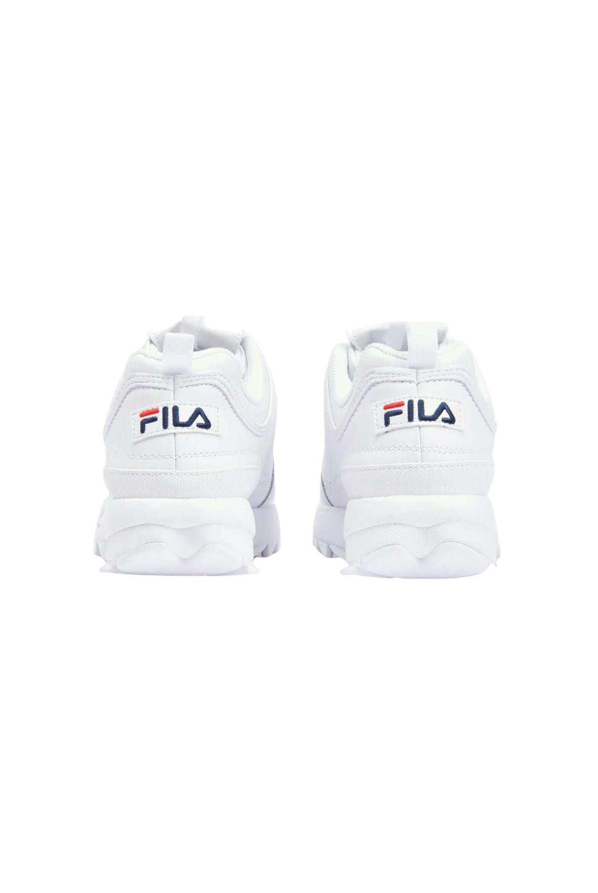 A pair of white Disruptor 2 trainers with embossed logo and unique detailing.