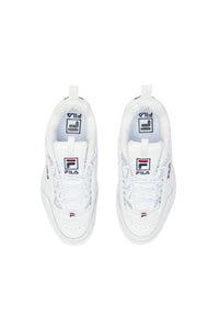 A pair of white Disruptor 2 trainers with embossed logo and unique detailing.