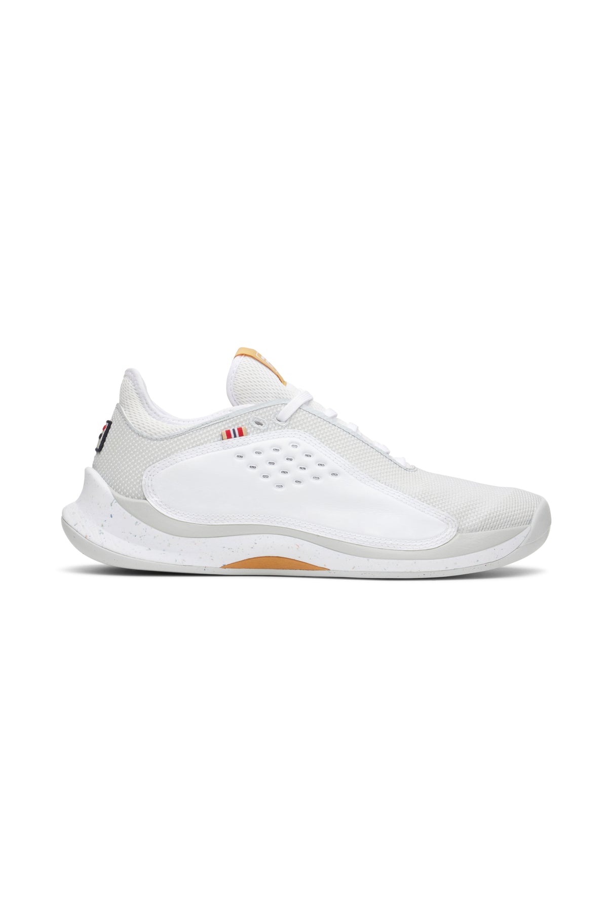 A pair of white FILA Mondo Forza tennis shoes with orange and grey accents on a white background.