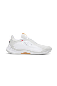 A pair of white FILA Mondo Forza tennis shoes with orange and grey accents on a white background.