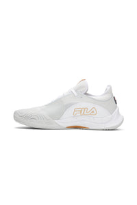 A pair of white FILA Mondo Forza tennis shoes with orange and grey accents on a white background.