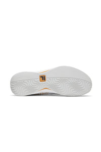 A pair of white FILA Mondo Forza tennis shoes with orange and grey accents on a white background.