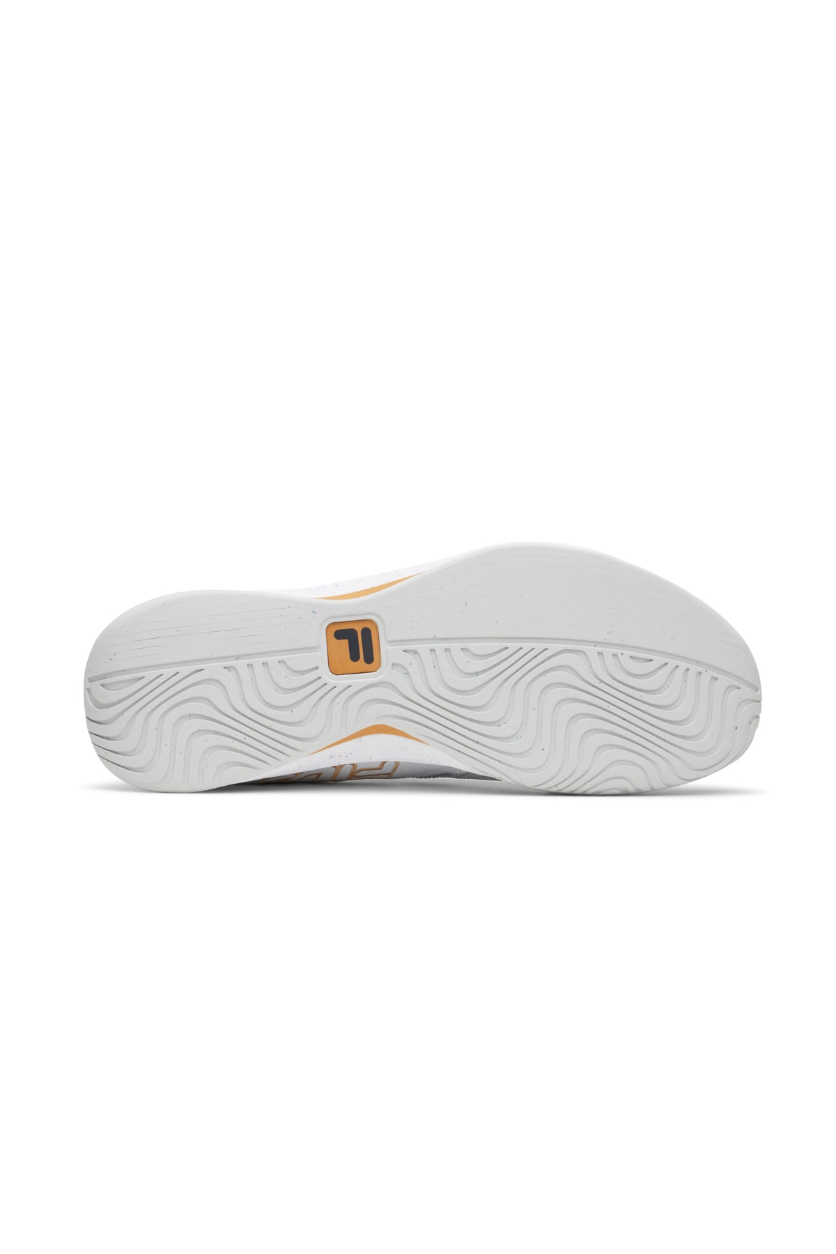 A pair of white FILA Mondo Forza tennis shoes with orange and grey accents on a white background.