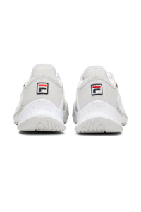 A pair of white FILA Mondo Forza tennis shoes with orange and grey accents on a white background.