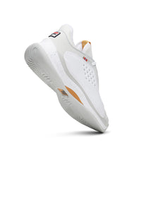 A pair of white FILA Mondo Forza tennis shoes with orange and grey accents on a white background.