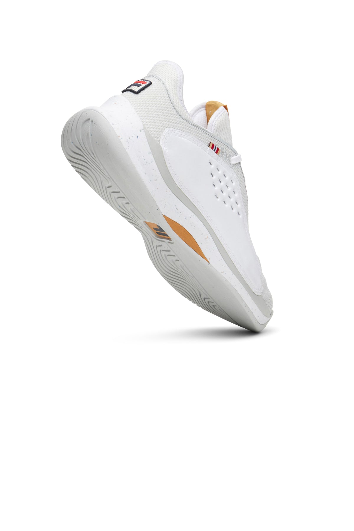 A pair of white FILA Mondo Forza tennis shoes with orange and grey accents on a white background.