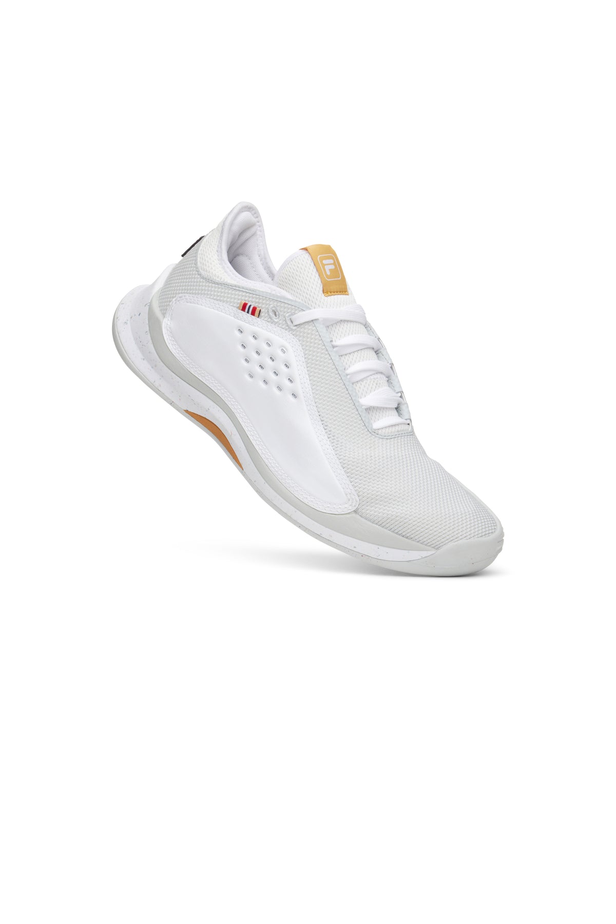A pair of white FILA Mondo Forza tennis shoes with orange and grey accents on a white background.