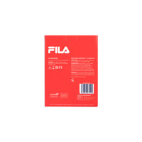 A FILA branded ear bud gift set packaging, containing a hair and body wash bottle and earbuds, presented in a Christmas themed box.