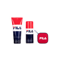 A gift set by FILA including a red and white wireless Bluetooth speaker, a tube of hair & body wash, and a tube of deodorant, all branded with the FILA logo.