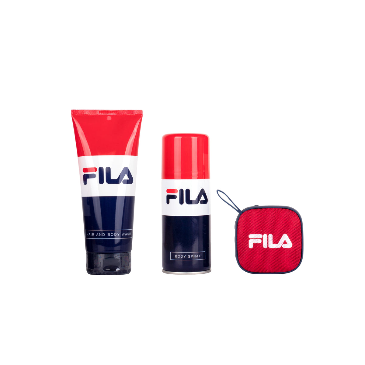 A gift set by FILA including a red and white wireless Bluetooth speaker, a tube of hair & body wash, and a tube of deodorant, all branded with the FILA logo.