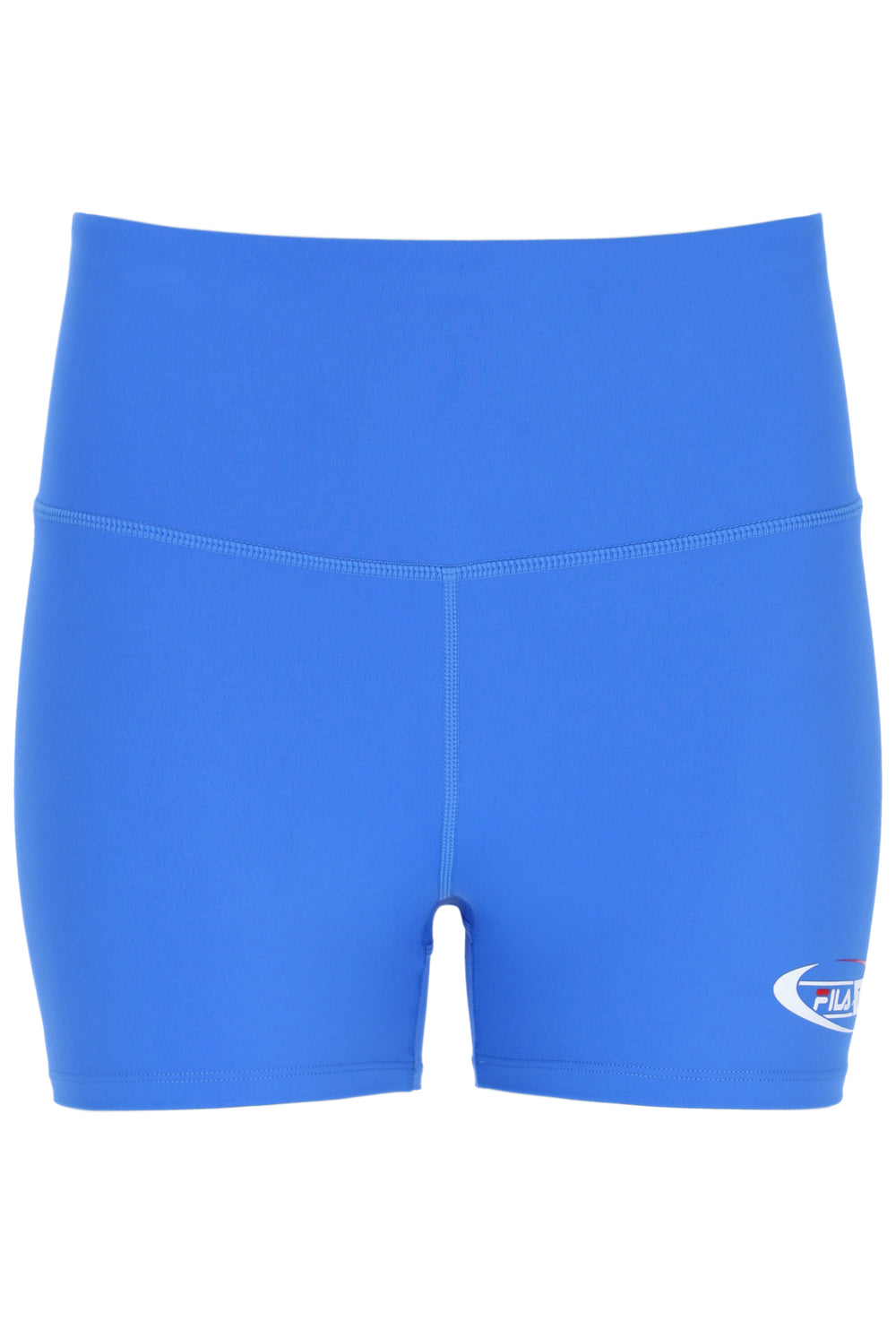 Blue high-waisted cycling shorts with the FILA x TALA brand logo on the front.