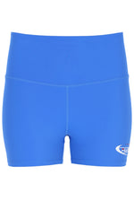 Blue high-waisted cycling shorts with the FILA x TALA brand logo on the front.