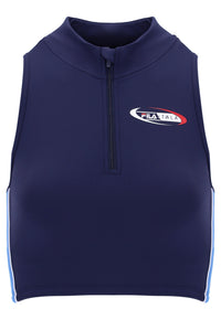 FILA x TALA navy zip-up sports bra against a white background