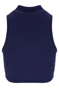 FILA x TALA navy zip-up sports bra against a white background - rear view