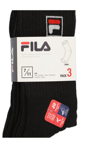 A pack of three black crew socks with the FILA logo
